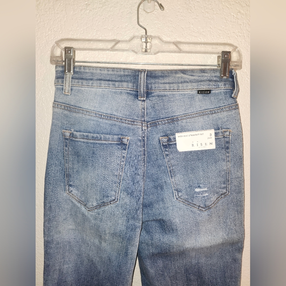 NWT Risen "Button Fly High Rise Straight Leg" Light Distressing Light Wash 3/26 - Picture 10 of 11